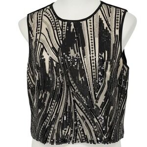 Marina Sequin Crop Top Women XL Black Tan Geometric Sleeveless Party Glam Goth